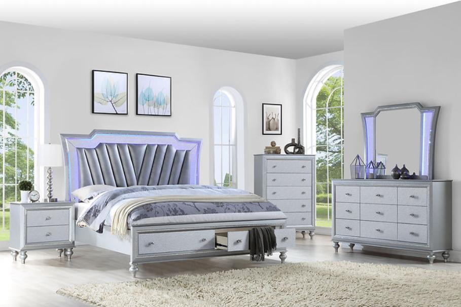 Elevate your space with the B710 Star bedroom set. Features a silver LED platform bed, dresser, mirror, nightstand & chest. Modern style meets luxury!