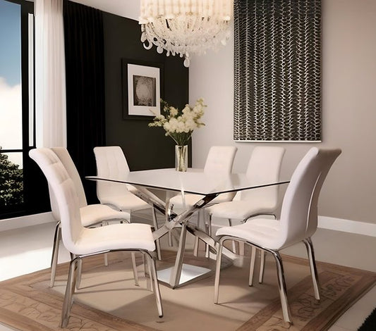 Enhance your dining area with the Rectangle Dining Set with White Chairs, featuring a sleek table and modern white PU chairs for a stylish, minimalist look.