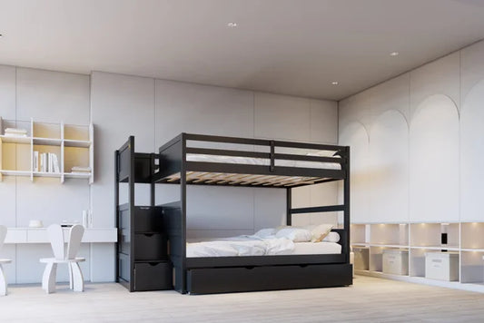 Upgrade shared rooms with the BB52 full bunk bed, trundle, and staircase storage. Stylish, sturdy, and space-saving—shop now at Moda Home Furniture!
