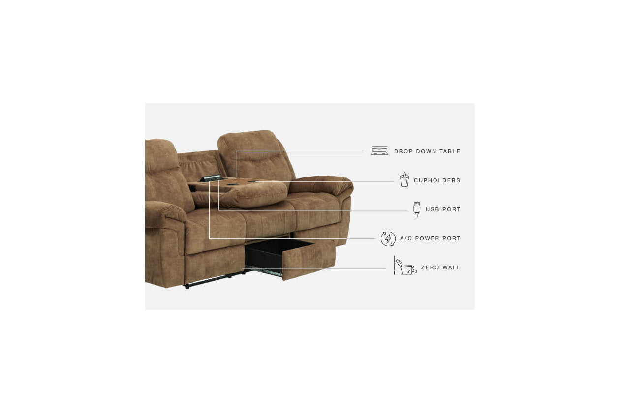 Huddle-Up Nutmeg Reclining Sofa with Drop Down Table