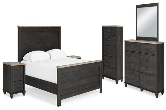 Nanforth King Panel Bed with Mirrored Dresser, Chest and 2 Nightstands in Two-tone