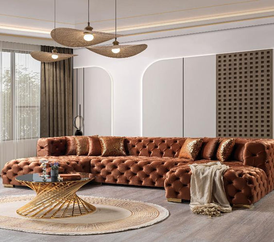 The Neva Orange Velvet Double Chaise Sectional offers bold elegance with plush velvet, deep seating, and a modern silhouette—perfect for stylish comfort.