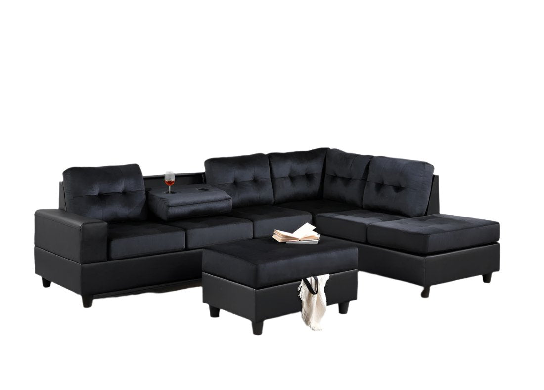 Heights Black/Black Reversible Sectional with Storage Ottoman