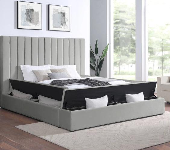 Elevate your space with the France Grey Platform Bed from Moda Home Furniture. Stylish, sturdy, and available in Queen & King sizes for modern comfort.
