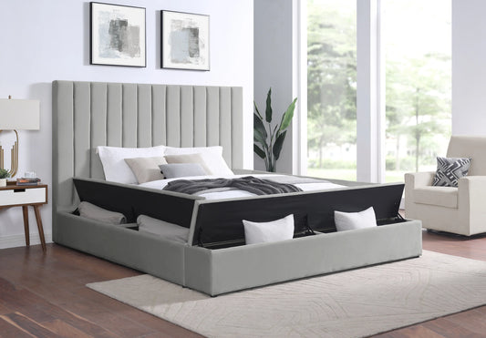Elevate your space with the France Grey Platform Bed from Moda Home Furniture. Stylish, sturdy, and available in Queen & King sizes for modern comfort.