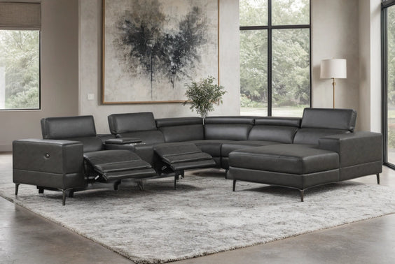 Upgrade your living room with Moda Home's Milano Gray 6pc Power Reclining Sectional. Leather gel, sleek, and perfect for modern comfort. Shop now!