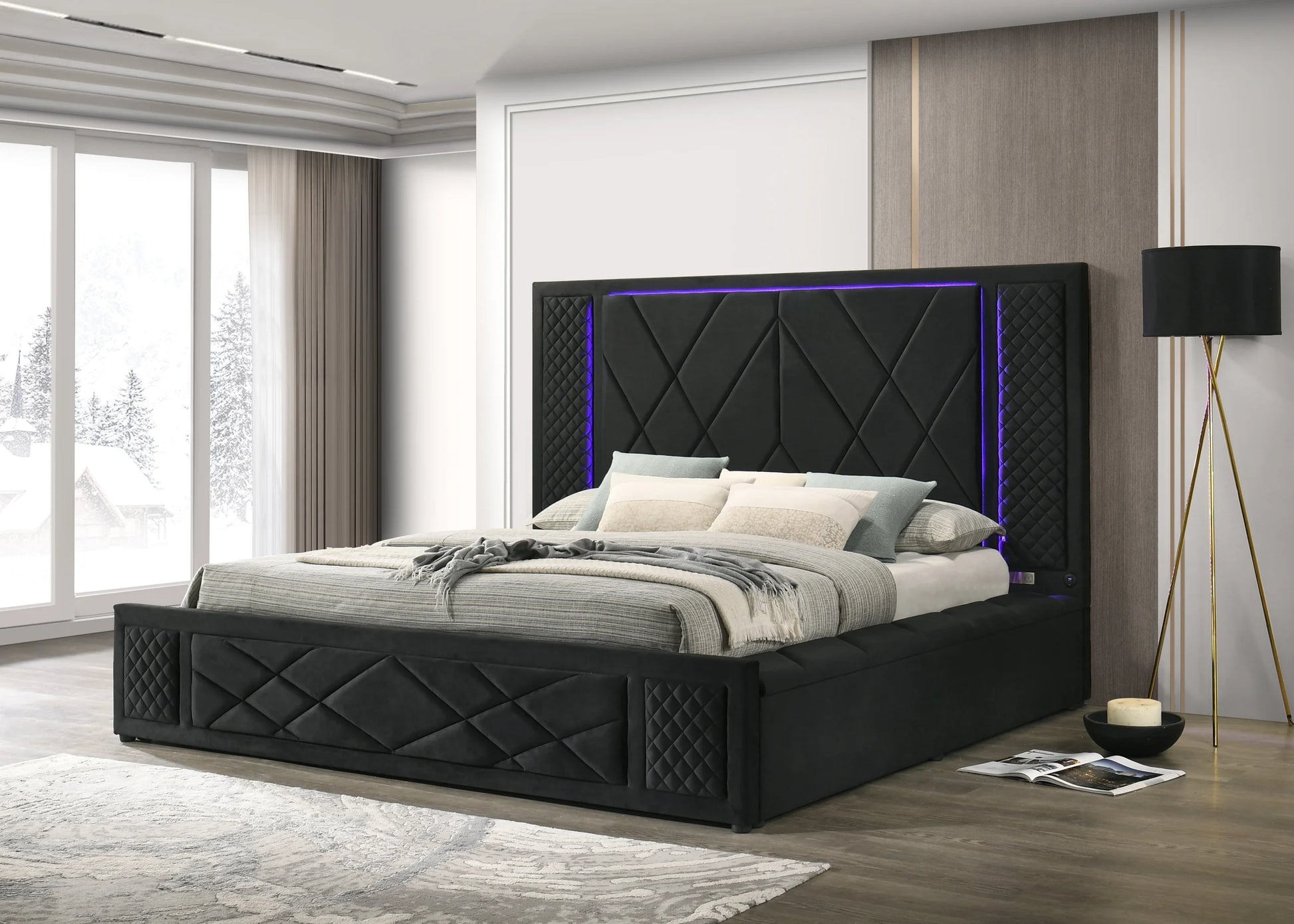 Lorenzo Black Platform Bed (w/ LED LIGHTS & BLUETOOTH SPEAKERS) - Queen, King