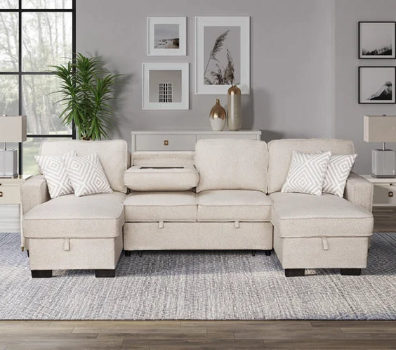 Sahara Beige - Double Storage Chaise Sectional w/ Drop Down Cupholders