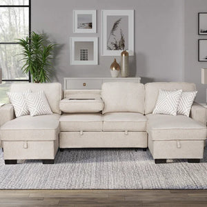 Sahara Beige - Double Storage Chaise Sectional w/ Drop Down Cupholders