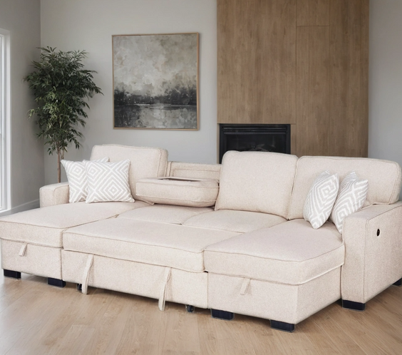 Sahara Beige - Double Storage Chaise Sectional w/ Drop Down Cupholders