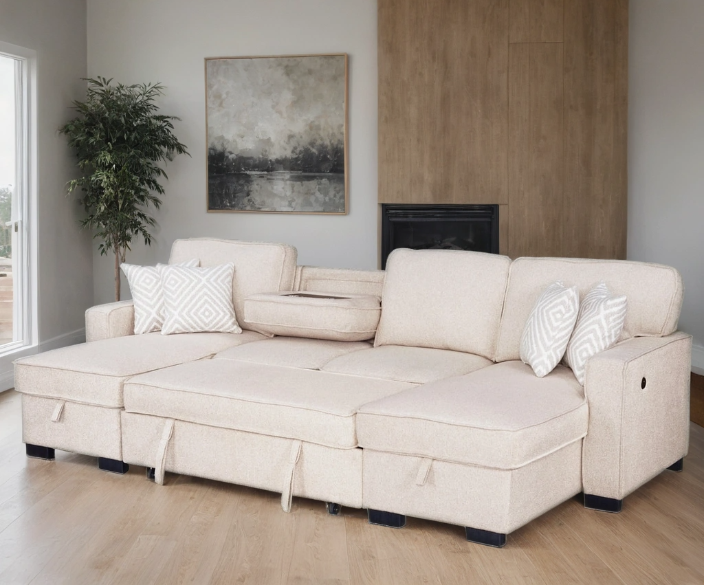 Sahara Beige - Double Storage Chaise Sectional w/ Drop Down Cupholders