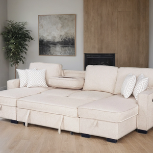 Sahara Beige - Double Storage Chaise Sectional w/ Drop Down Cupholders