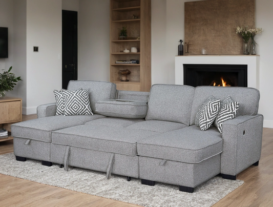 Sahara Gray - Double Storage Chaise Sectional w/ Drop Down Cupholders