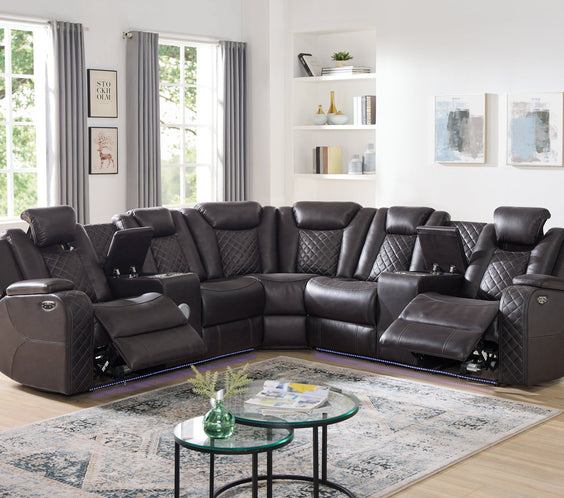 Experience luxury with the Spaceship Espresso Power Reclining Sectional. Power footrests, LED lights, Bluetooth speakers & charging pad. Shop now at Moda Home!