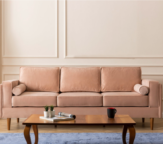 Troya Melon Velvet Sofa With Reversible Cushions