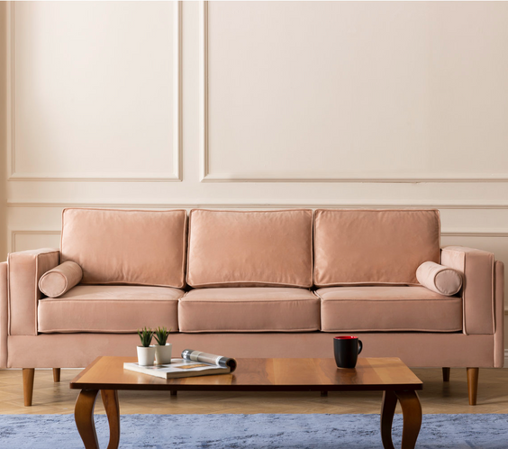 Troya Melon Velvet Sofa With Reversible Cushions