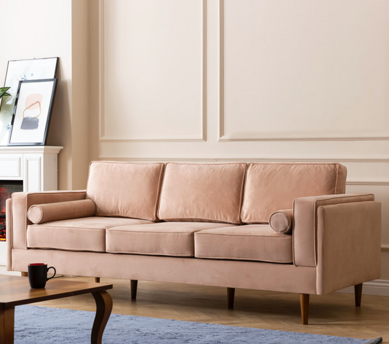 Troya Melon Velvet Sofa With Reversible Cushions