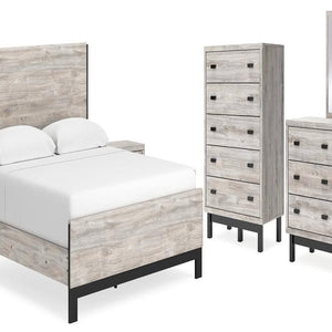 Vessalli King Panel Bed with Mirrored Dresser, Chest and 2 Nightstands in Gray