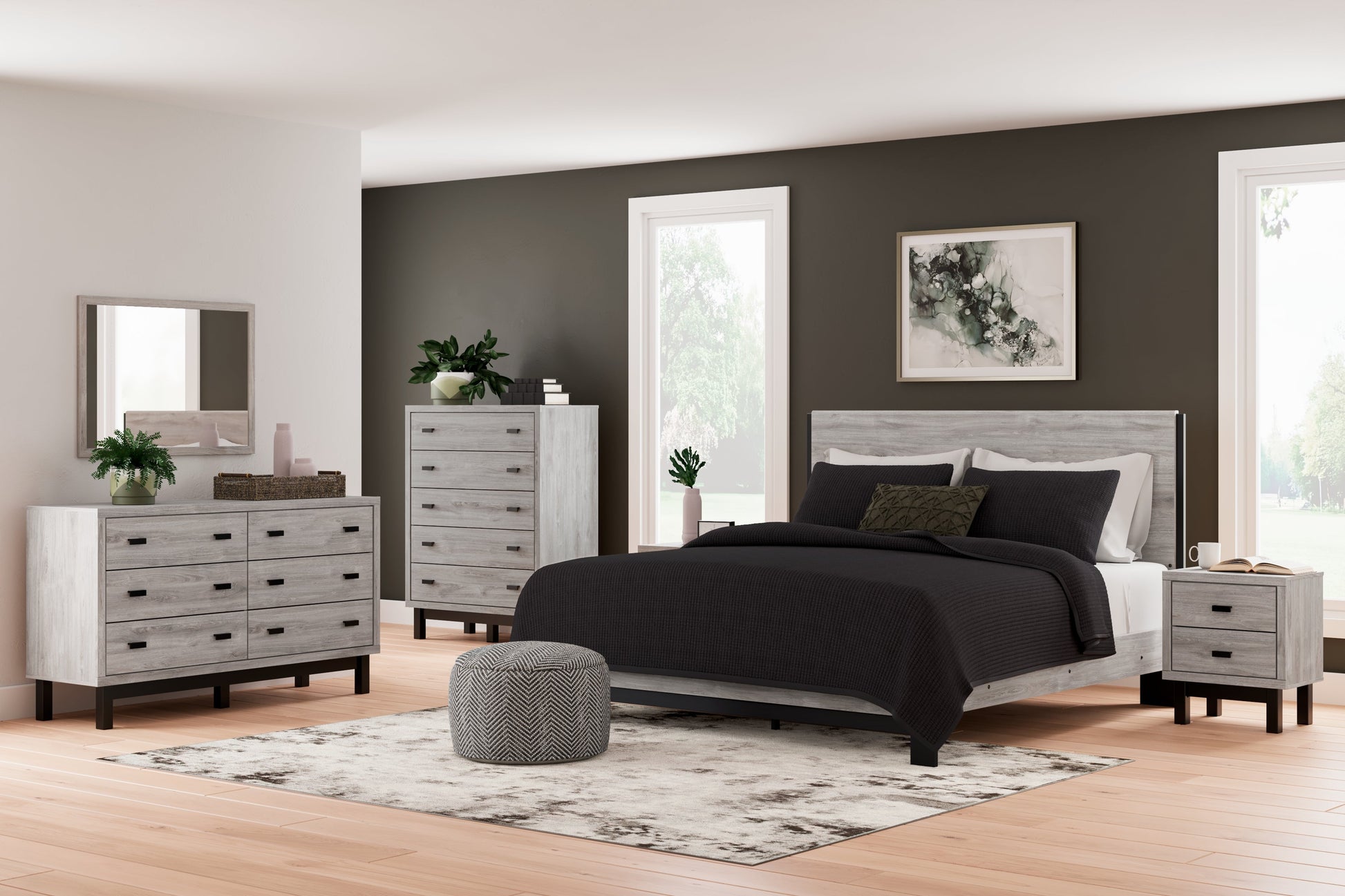 Vessalli King Panel Bed with Mirrored Dresser, Chest and 2 Nightstands in Gray