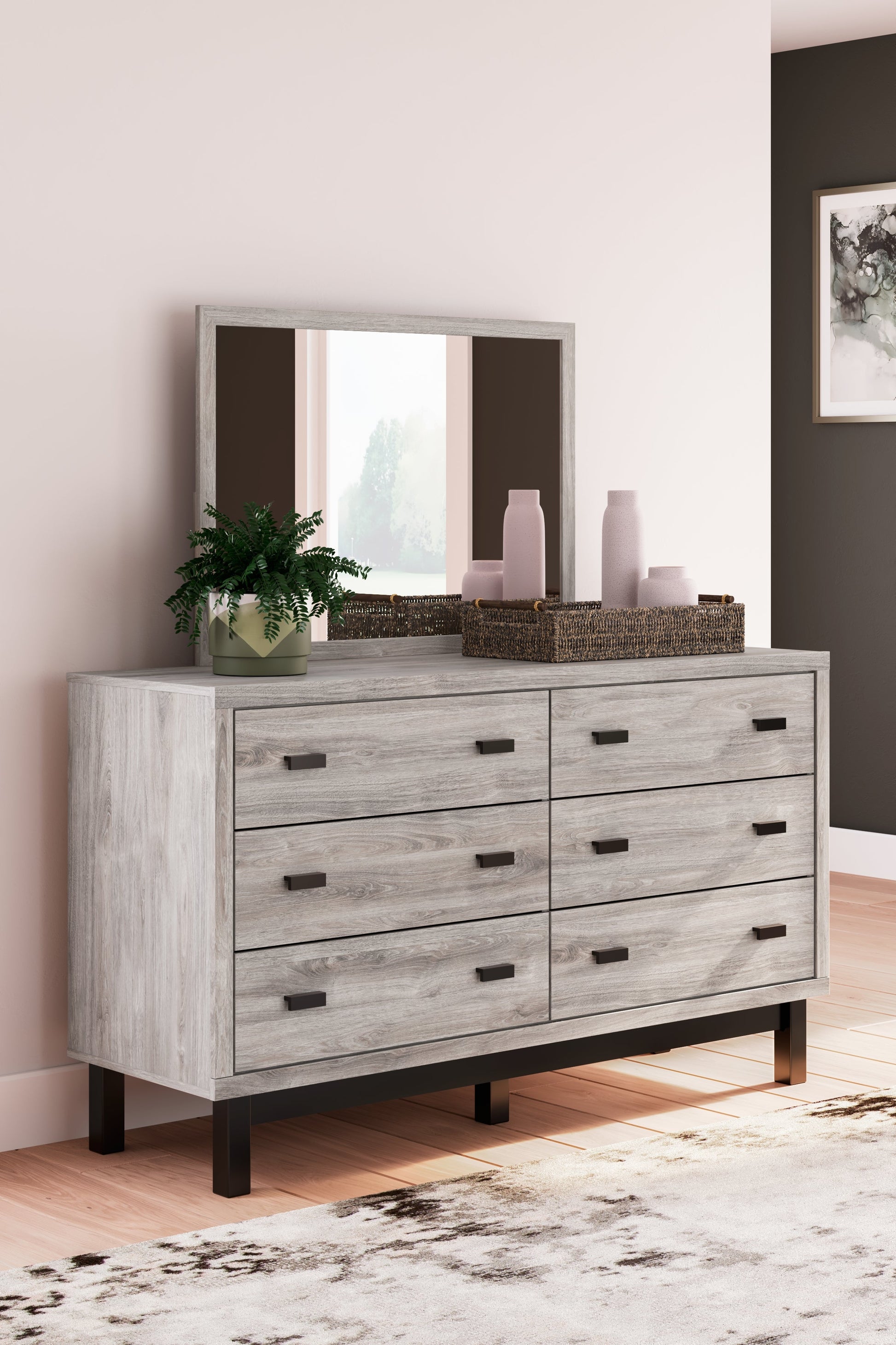 Vessalli King Panel Bed with Mirrored Dresser, Chest and 2 Nightstands in Gray