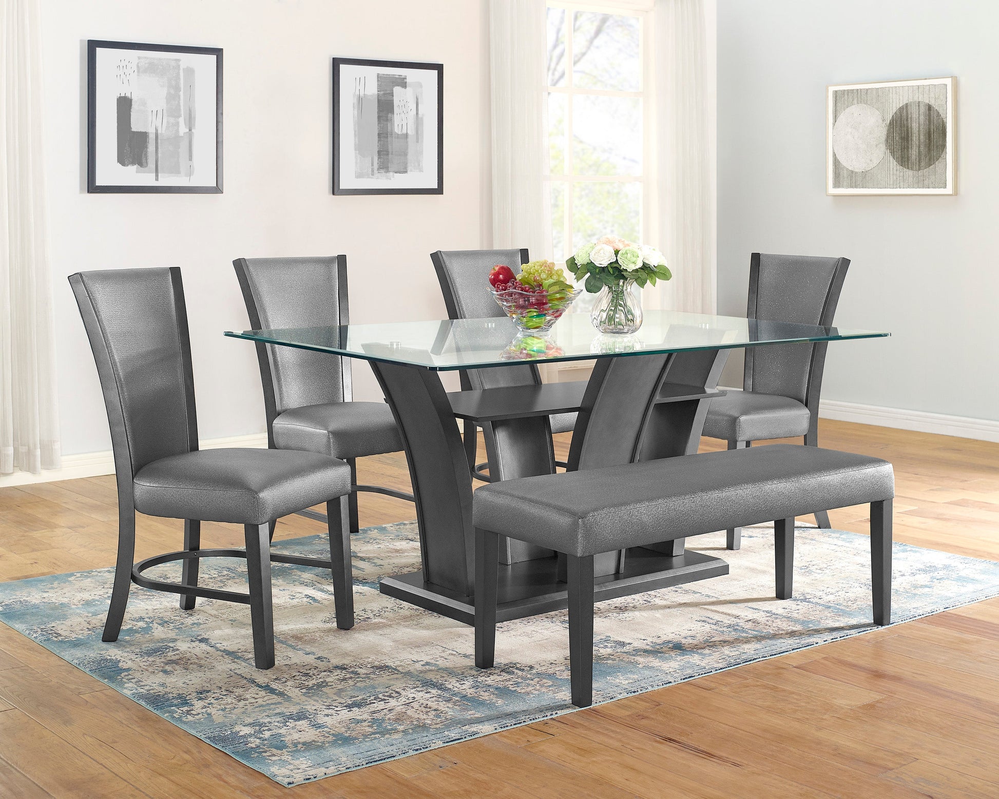 Camelia Gray Modern And Sleek Metal Glass Rectangular Dining Room Set