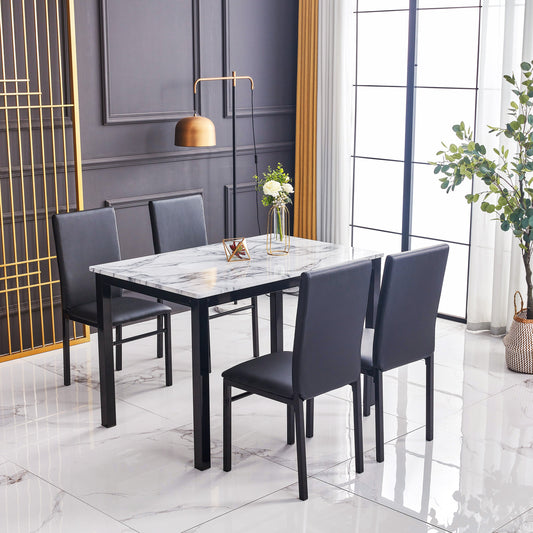Aiden White/Black Marble Modern Wood And Veneers Rectangular 5-Piece Dining Room Set