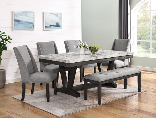 Vance White-Gray Faux Marble Fabric Seat Rectangular Dining Room Set