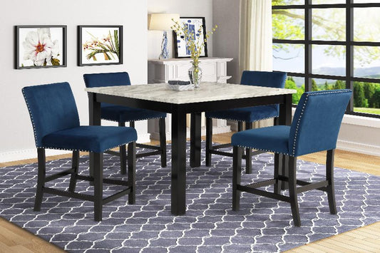 Lennon Blue/White Velvet Modern Wood And Veneers 5-Piece Counter Height Dining Room Set