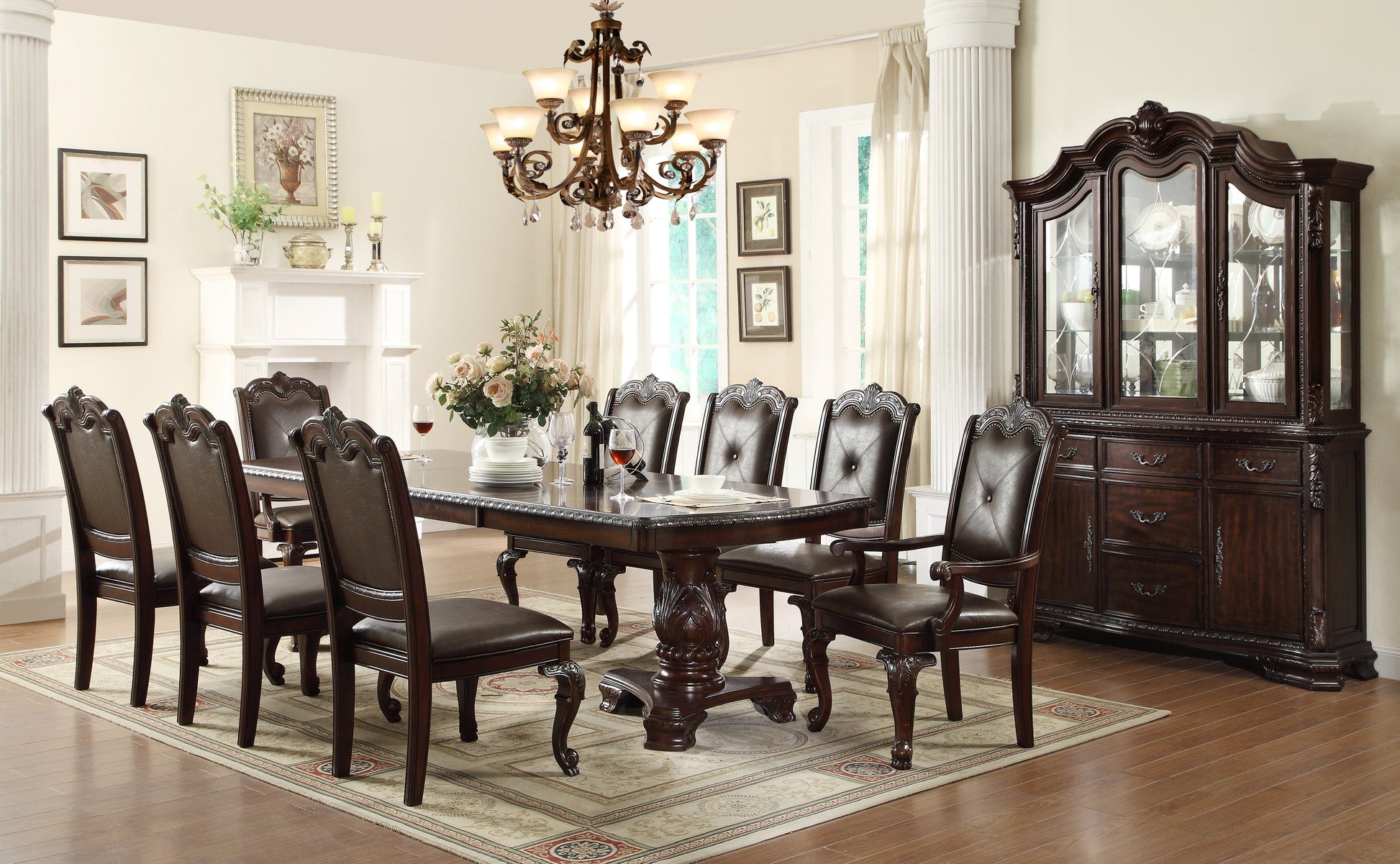 Kiera Brown Traditional Wood Veneers And Solids Formal Extendable Dining Room Set