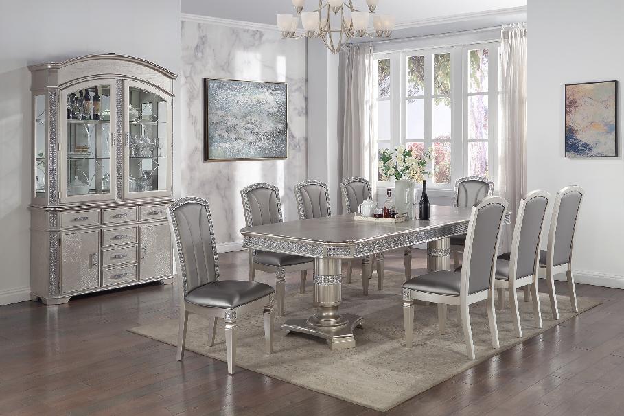 Klina Pedestal Gray Modern Sleek Metal Glass Pedestal Leg Dining Room Set