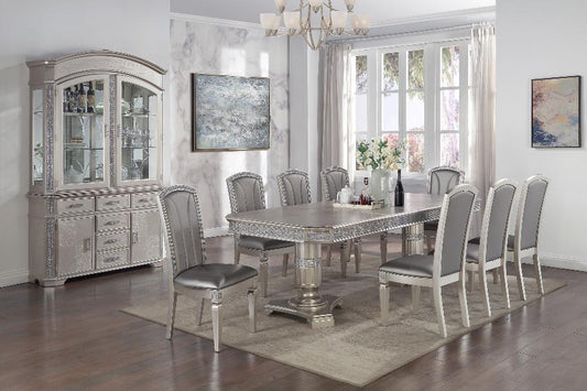 Klina Pedestal Gray Modern Sleek Metal Glass Pedestal Leg Dining Room Set