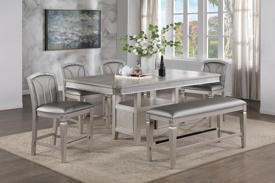 Klina Silver Modern Faux Leather Seat Rectangular Counter Height Dining Room Set