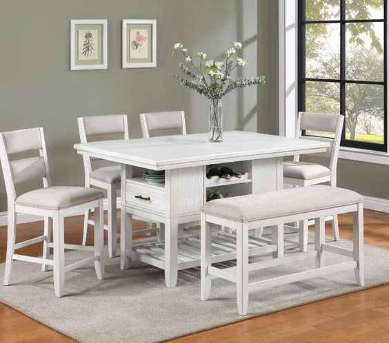 Bring farmhouse charm to your dining space with the Wendy White counter-height set. A perfect mix of modern wood & veneers for timeless elegance!