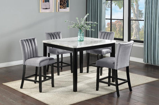 Pascal White-Gray Faux Marble Velvet Seat Rectangular Counter Height Dining Room Set