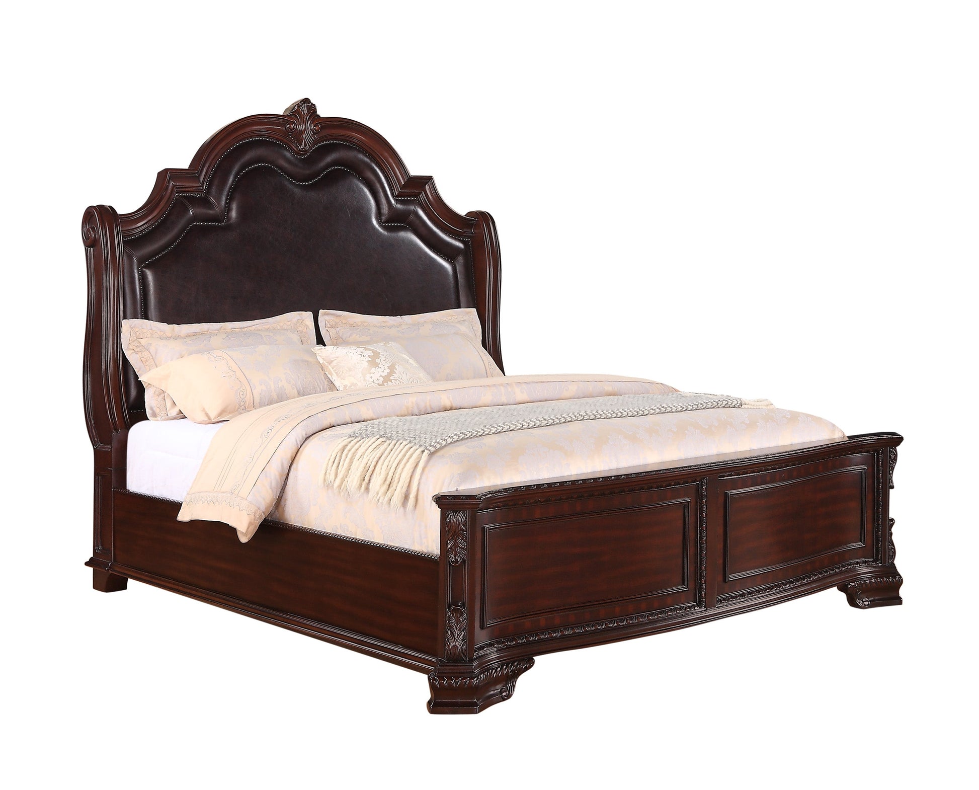 Sheffield Rich Brown And Dark Cherry Finish Rustic Faux Leather Upholstered Panel Bedroom Set, Wood