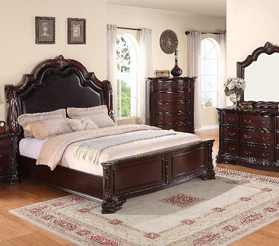 Sheffield Rich Brown And Dark Cherry Finish Rustic Faux Leather Upholstered Panel Bedroom Set, Wood