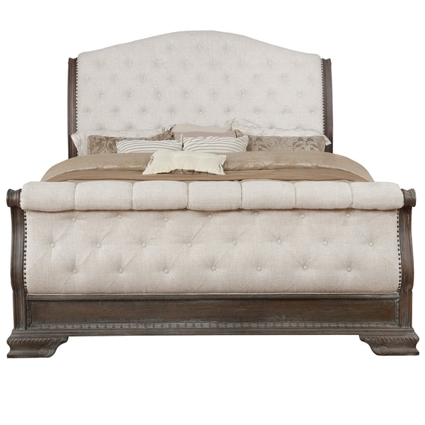 Sheffield Antique Gray Fabric Upholstered Tufted Sleigh Bedroom Set