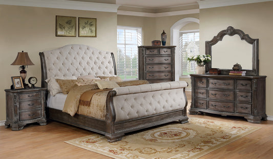 Sheffield Antique Gray Fabric Upholstered Tufted Sleigh Bedroom Set