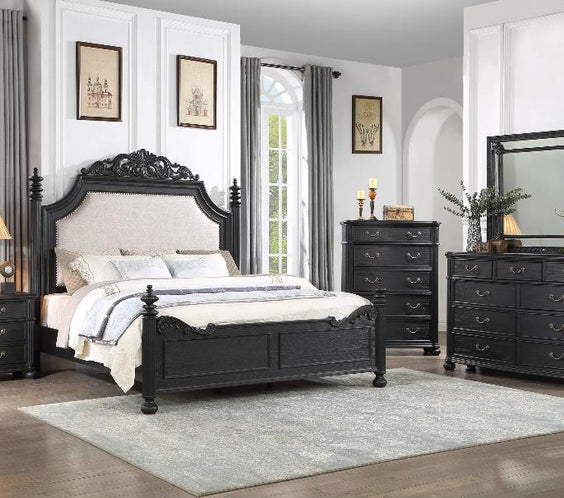 Elevate your space with the Kingsbury Black Bedroom Set, featuring solid wood, veneers, and fabric upholstery. A sleek modern-contemporary design.