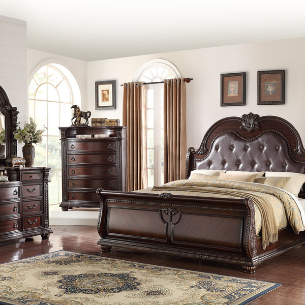 Stanley Cherry Brown Traditional Fabric Upholstered Tufted Sleigh Bedroom Set