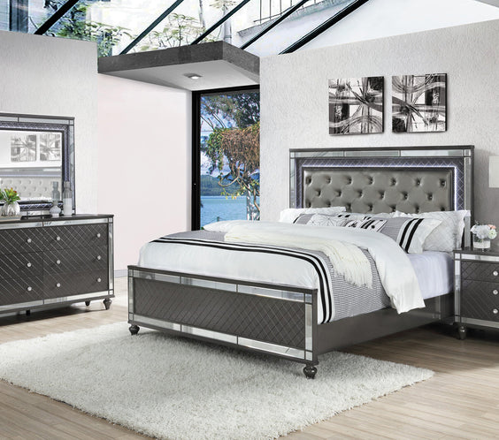 Refino Gray LED Modern Sleek Fabric Upholstered Tufted Panel Bedroom Set