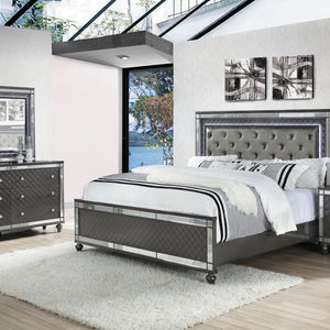 Refino Gray LED Modern Sleek Fabric Upholstered Tufted Panel Bedroom Set