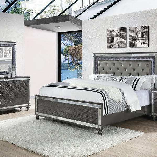 Refino Gray LED Modern Sleek Fabric Upholstered Tufted Panel Bedroom Set