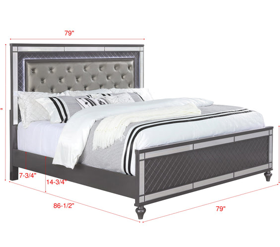 Refino Gray LED Modern Sleek Fabric Upholstered Tufted Panel Bedroom Set