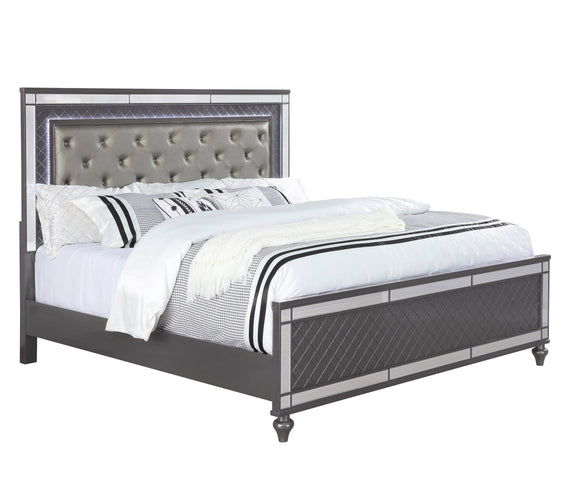 Refino Gray LED Modern Sleek Fabric Upholstered Tufted Panel Bedroom Set