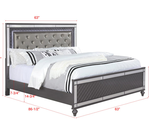 Refino Gray LED Modern Sleek Fabric Upholstered Tufted Panel Bedroom Set
