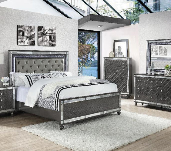 Refino Gray LED Modern Sleek Fabric Upholstered Tufted Panel Bedroom Set