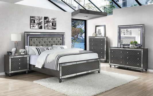 Refino Gray LED Modern Sleek Fabric Upholstered Tufted Panel Bedroom Set