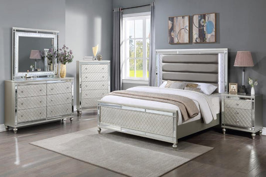 Cristian Champagne Modern LED Fabric Strong And Durable Wood Upholstered Panel Bedroom Set