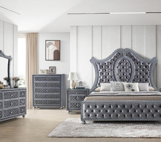 Cameo Gray Modern Velvet Upholstered Tufted Panel Bedroom Set